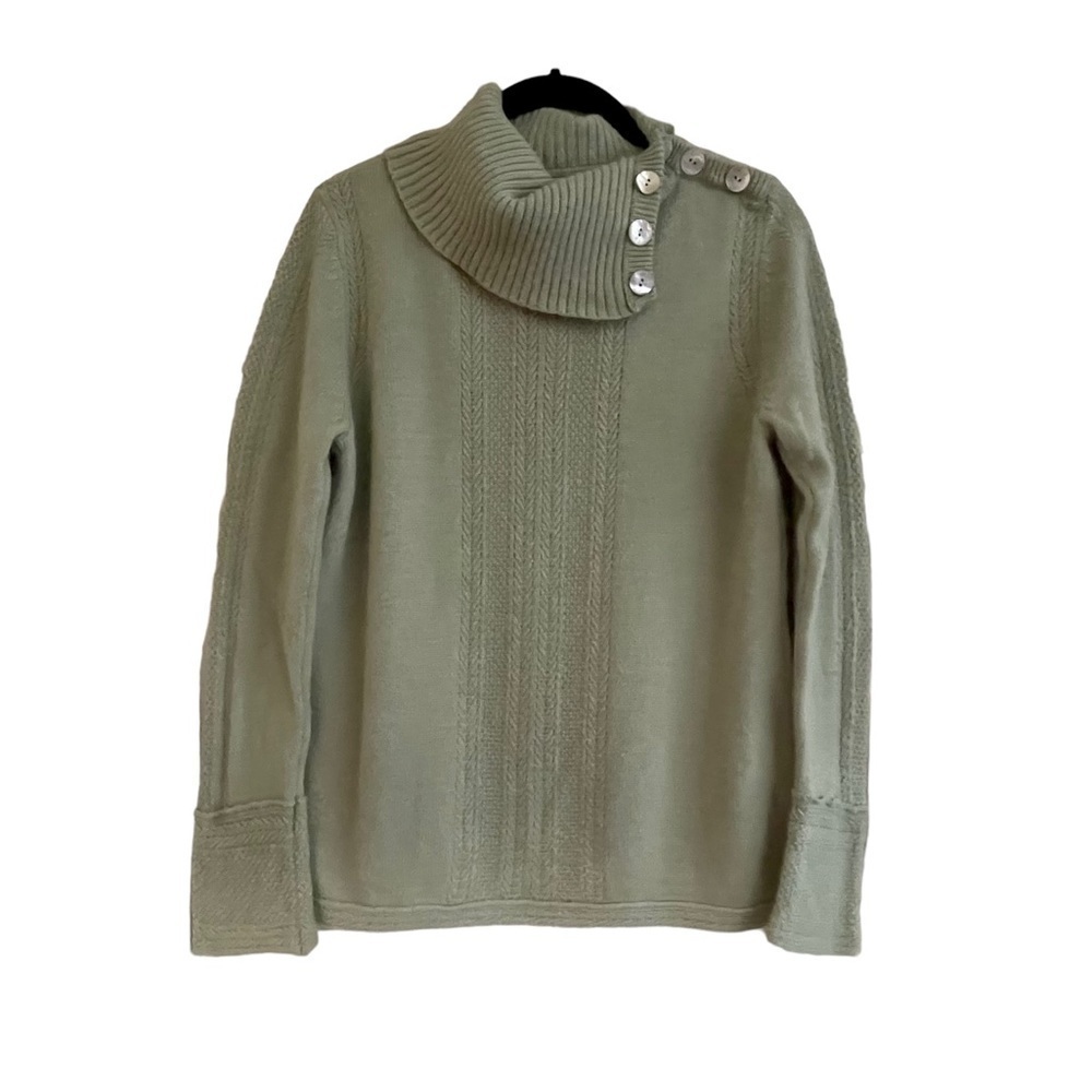 WOMENS SAGE GREEN SWEATER WITH COWL NECK & BUTTON DOWN SHOULDER. SIZE XL.